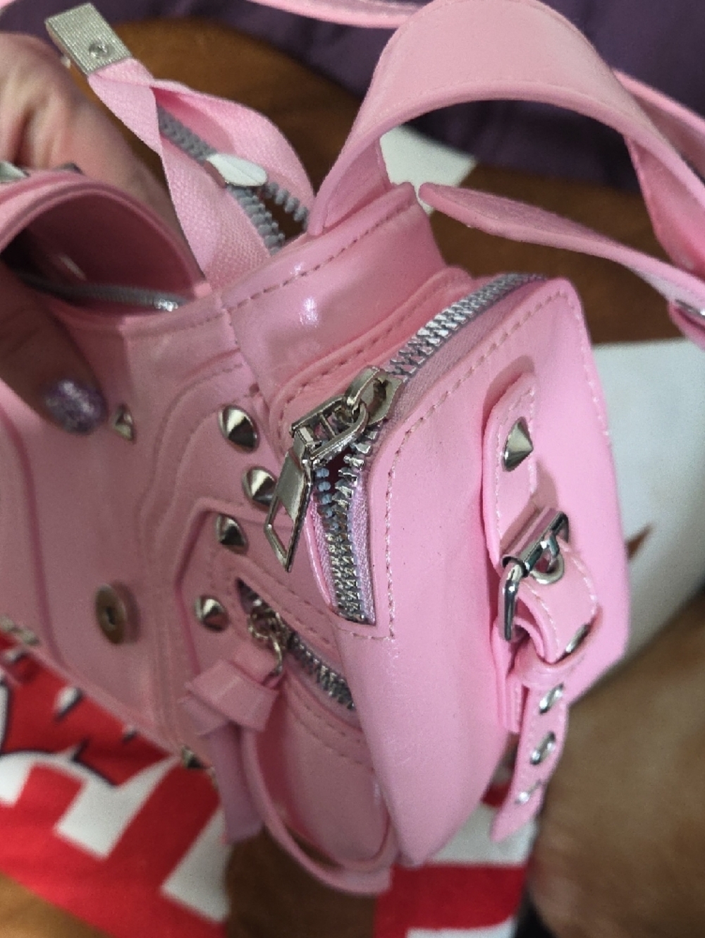 Studded Pink Shoulder Bag with Buckle Accent - Picture 3 of 6